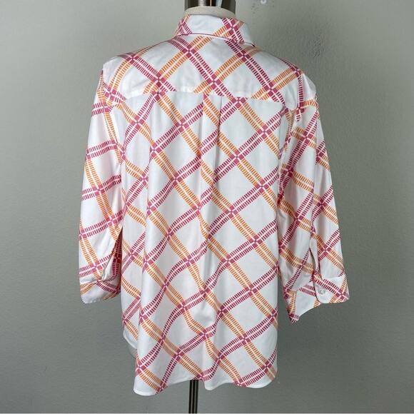 Chico's White Pink Orange Print No Iron Stretch Button Down Shirt 3 - Picture 7 of 10